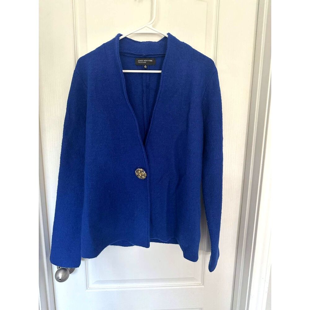 Jones New York Collection Blue 100% Merino Wool Jeweled Button Cardigan M - Picture 2 of 6